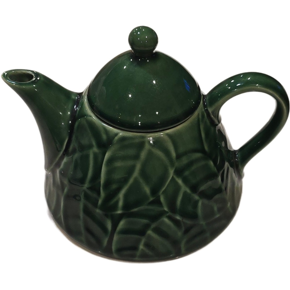 Pier 1 Jade Leaves Green Stoneware Teapot Embossed Leaf Pattern Botanical